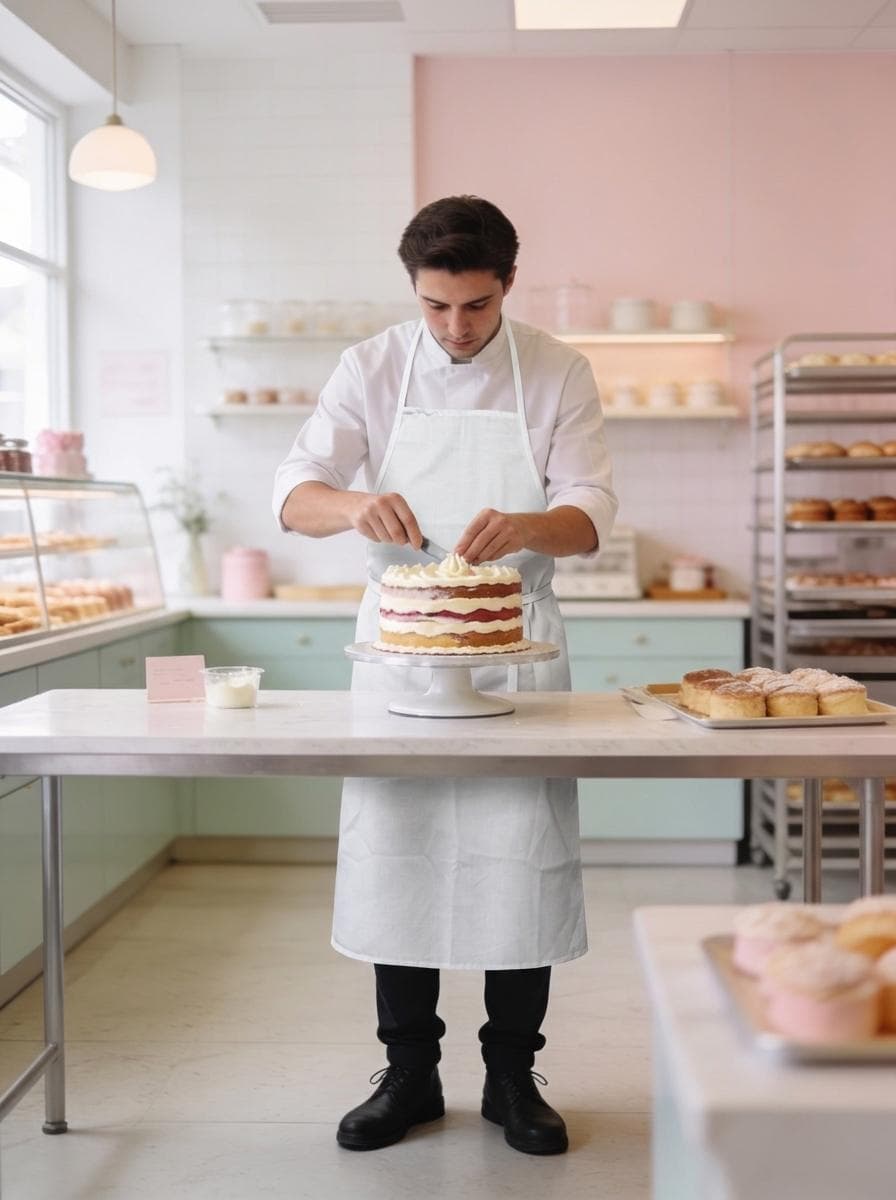 Pasticcere con grembiule bianco al lavoro nel laboratorio